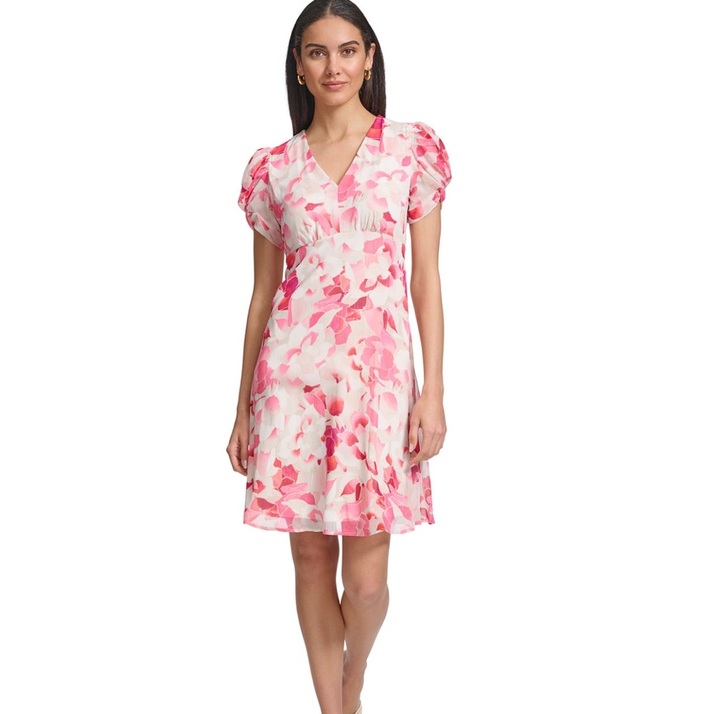 Women’s printed V neck, short sleeved A line dress